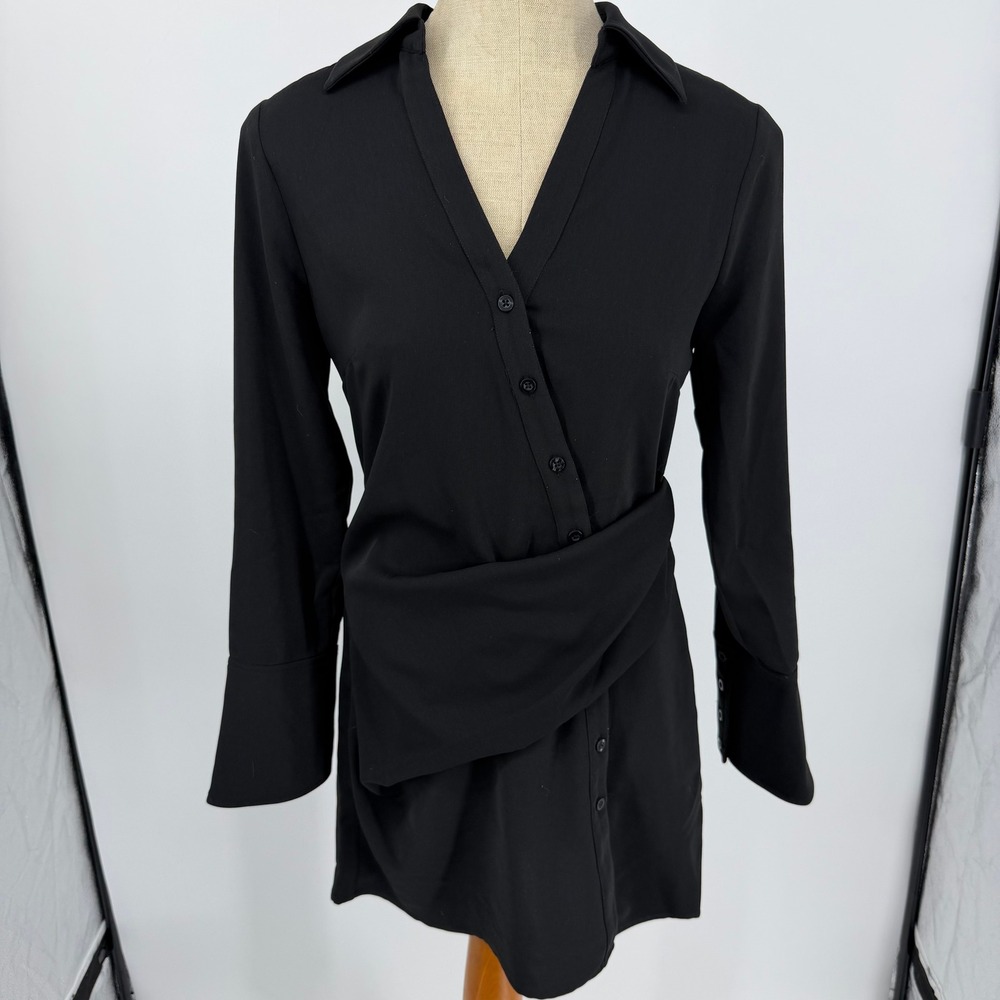 L'Academie Mini Shirt Dress Womens Small Black Wrap Draped Long Sleeve Collared